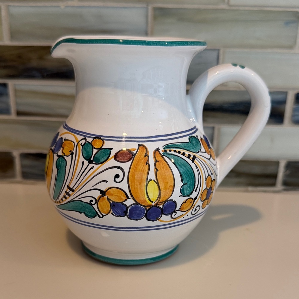 Hand painted pottery creamer pitcher - approx 4-1/2" tall